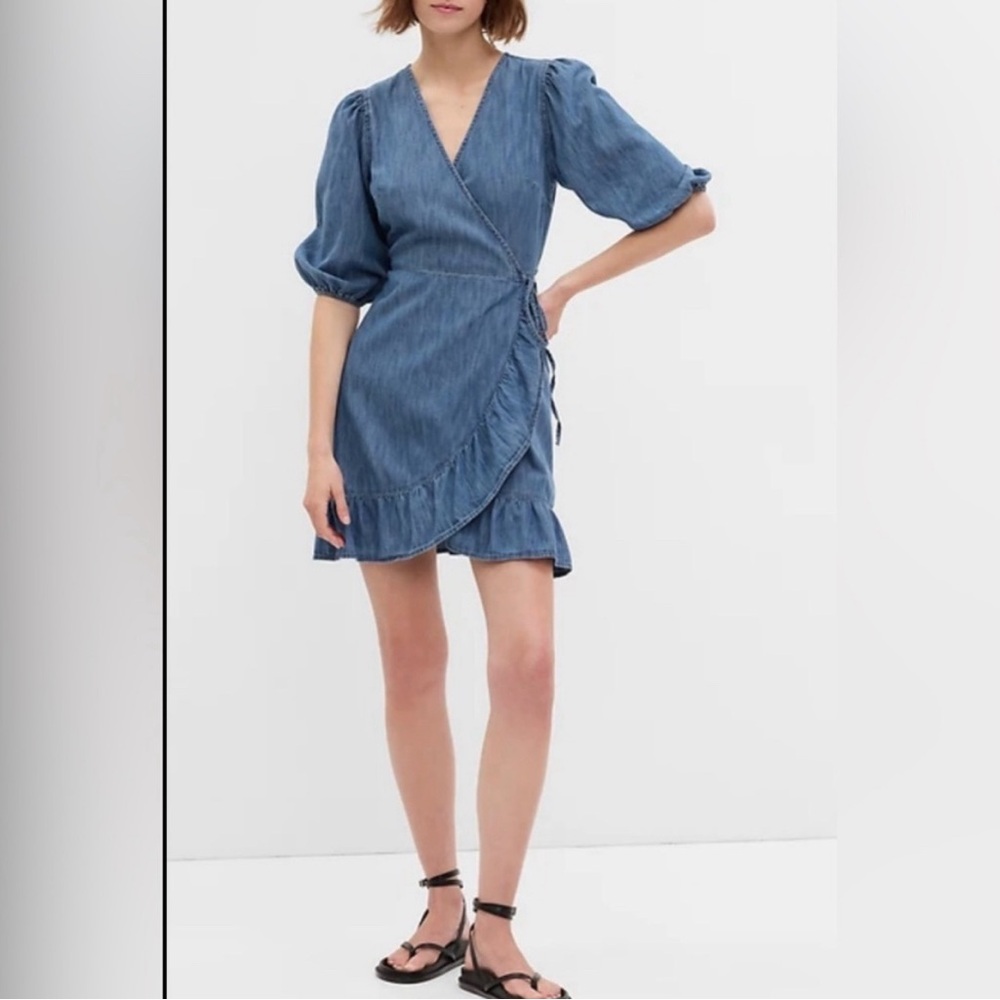 NWT GAP Cotton Denim Blue Wrap Dress XS Made in India Elbow puff sleeve